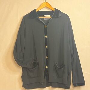 💥Karen Lessly 90’s Black Cardigan Oversized‎ Velvet Trim💥